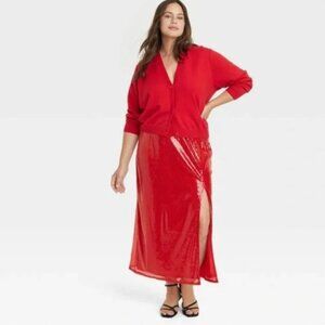 A New Day Red Sequined Slit Midi Maxi Skirt NWT 1X Festive Holiday Valentine's